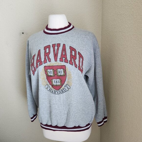 vtg HARVARD Sweatshirt Fleece Hoddie Knit Rib Waistband Cuff Neck bands Striped - Picture 7 of 13